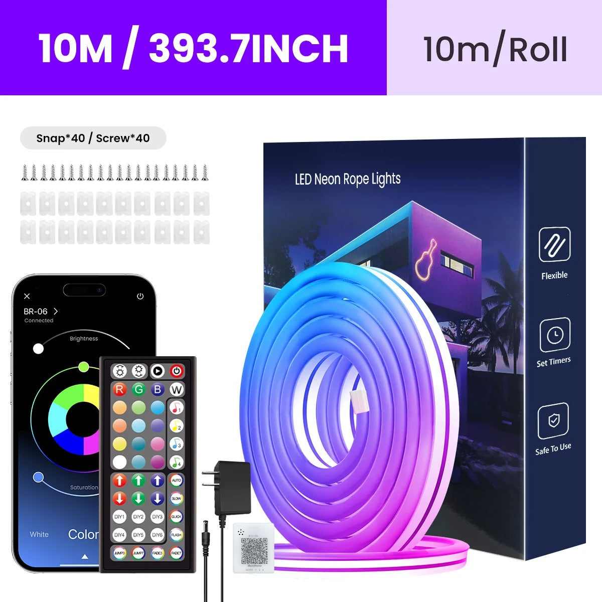 Smart RGB Neon LED Rope Lights - Flexible Strip with APP & Remote Control for Ambiance Lighting