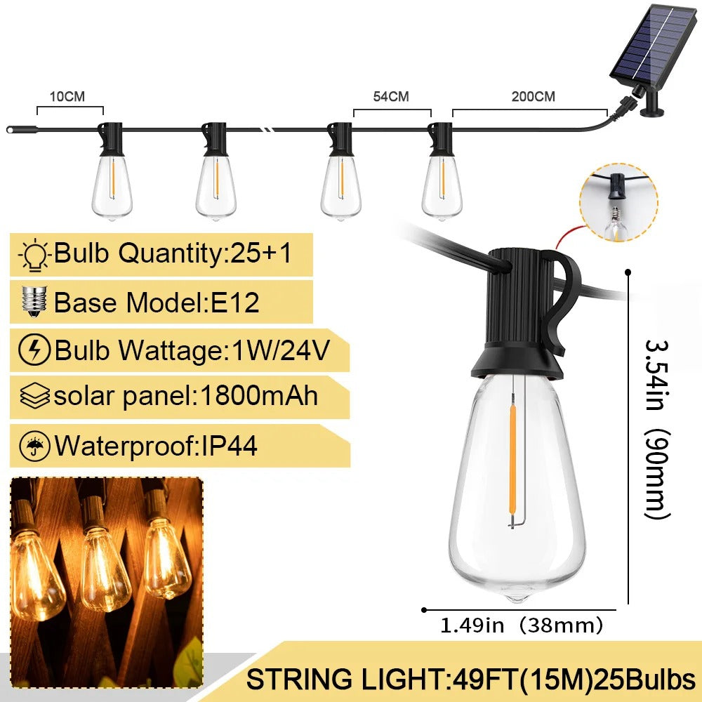 Outdoor Waterproof Solar String Lights with Shatterproof ST38 Bulbs