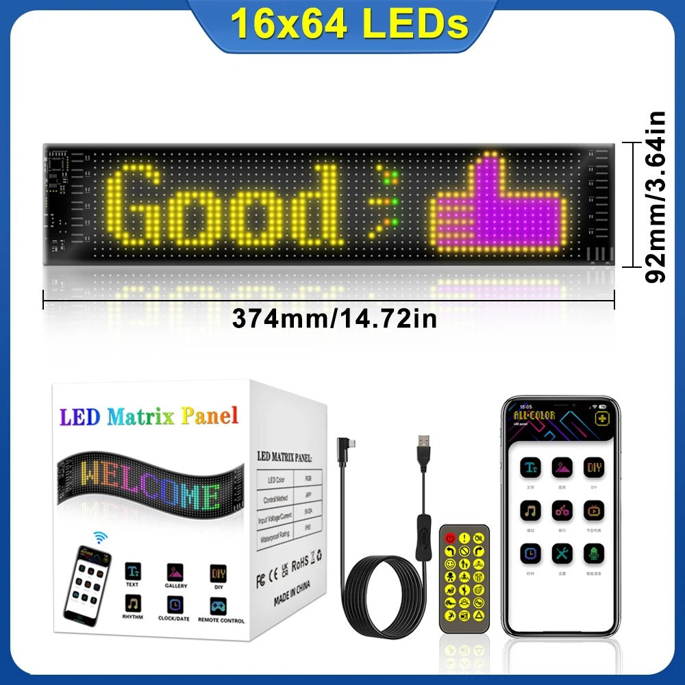 Customizable Car LED Sign - Flexible RGB Display with Bluetooth App Control, DIY Programmable Message Screen