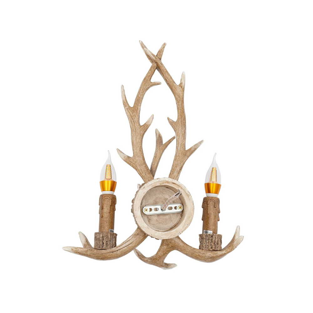 Retro Antler Wall Sconce - Wooden Feeling Resin Decorative LED Vintage Deer Light with E14 Bulb Base