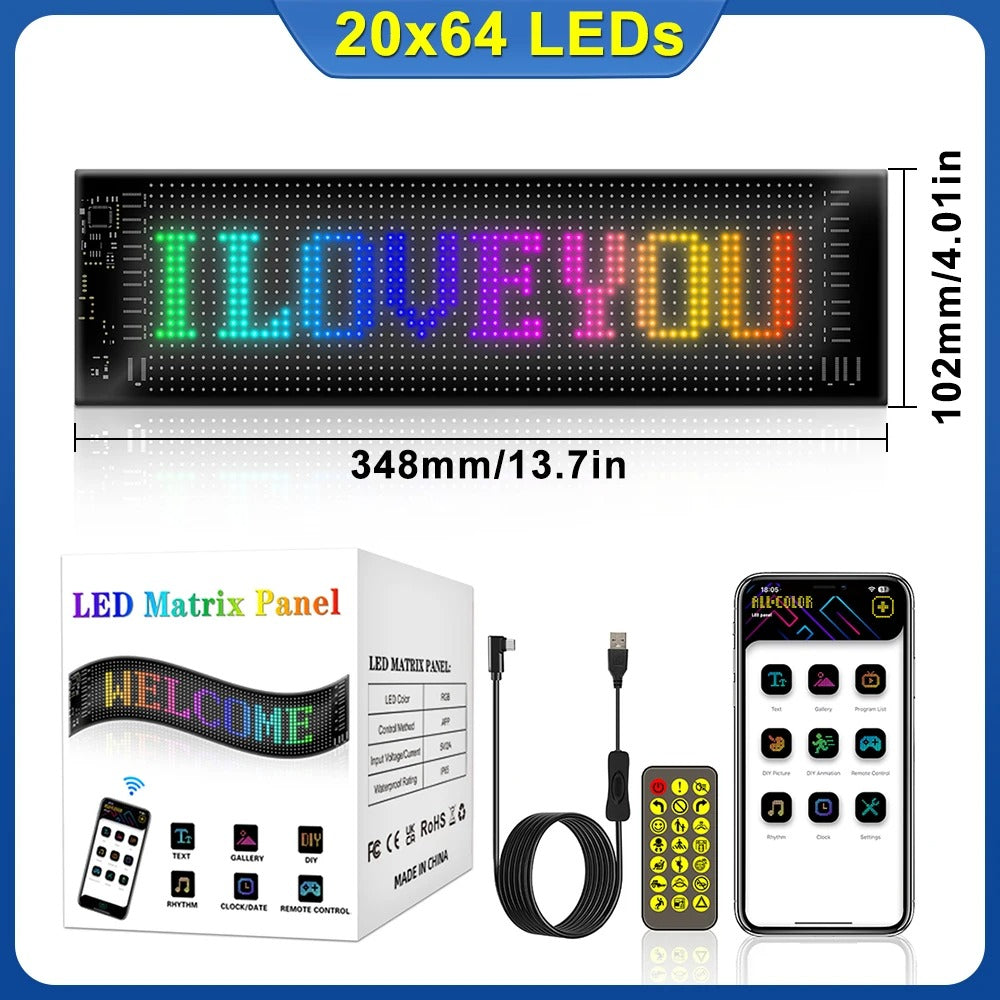 Customizable Car LED Sign - Flexible RGB Display with Bluetooth App Control, DIY Programmable Message Screen
