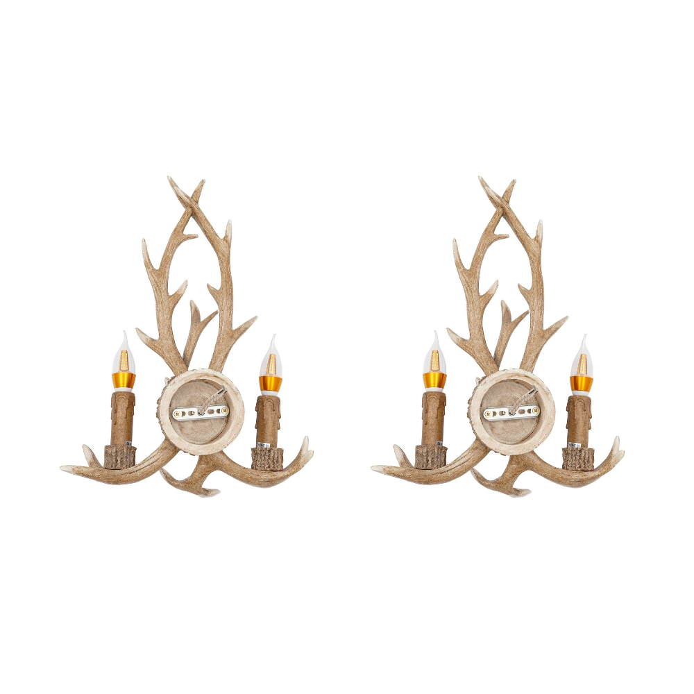 Retro Antler Wall Sconce - Wooden Feeling Resin Decorative LED Vintage Deer Light with E14 Bulb Base