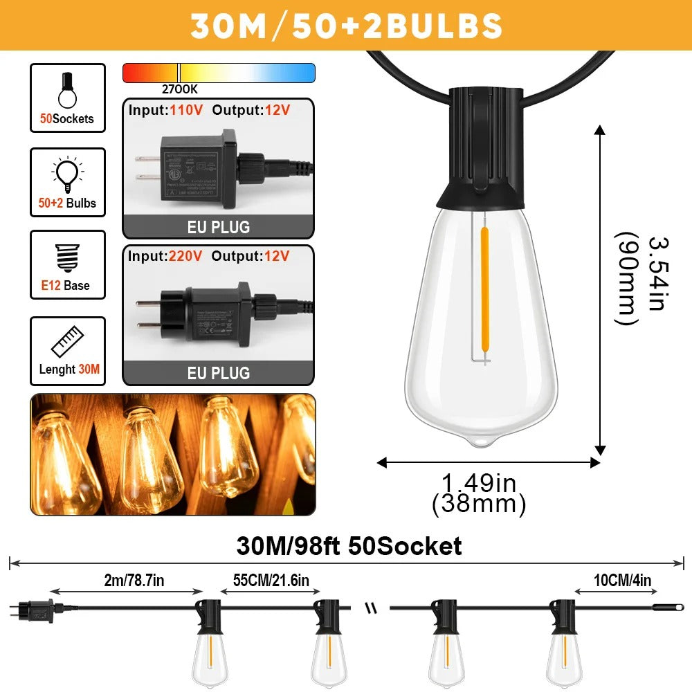 Glowscape - 12V LED Outdoor String Lights with Vintage ST38 Bulbs