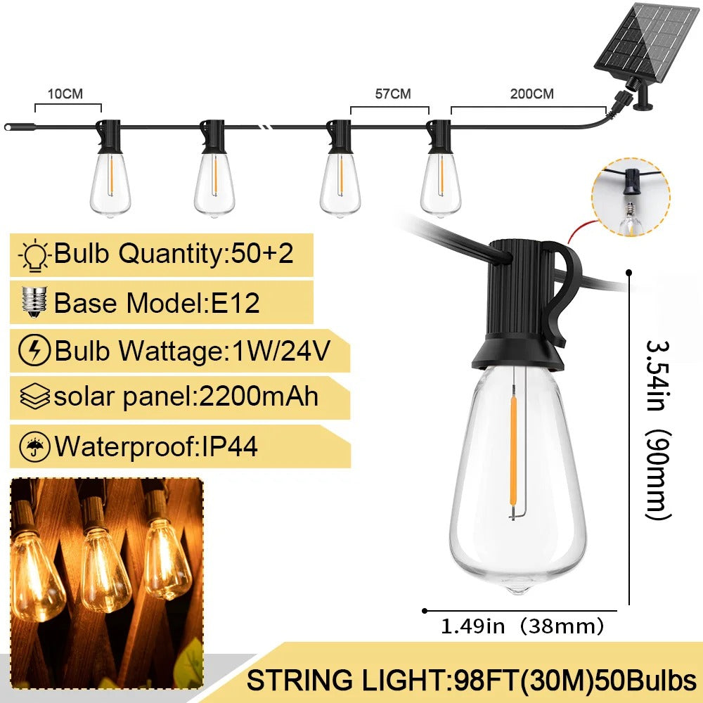 Outdoor Waterproof Solar String Lights with Shatterproof ST38 Bulbs