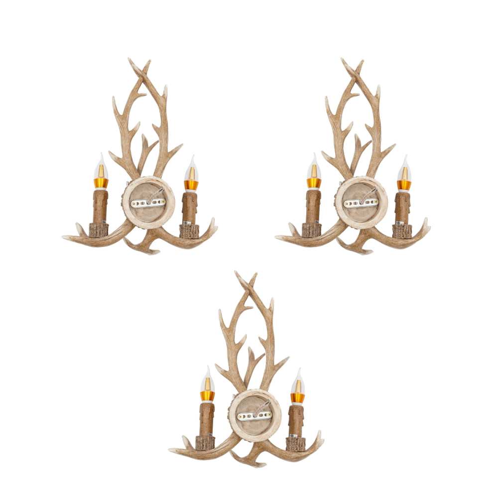 Retro Antler Wall Sconce - Wooden Feeling Resin Decorative LED Vintage Deer Light with E14 Bulb Base