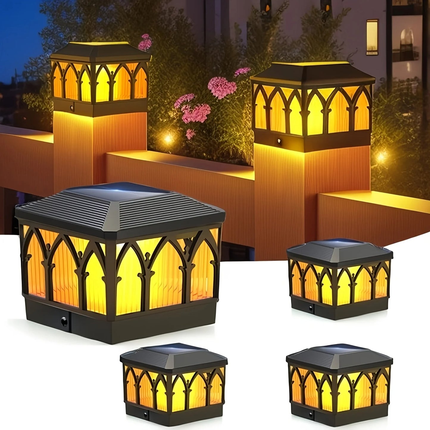 4x4 Solar Flame Post Cap Lights - Waterproof Outdoor Flickering LED Fence Deck Lamp