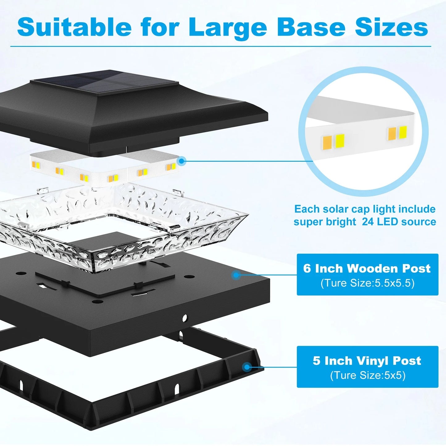 5x5 Solar Post Cap Lights, 24-LED Outdoor Waterproof Fence Post Top Lamp for Deck, Garden, Patio