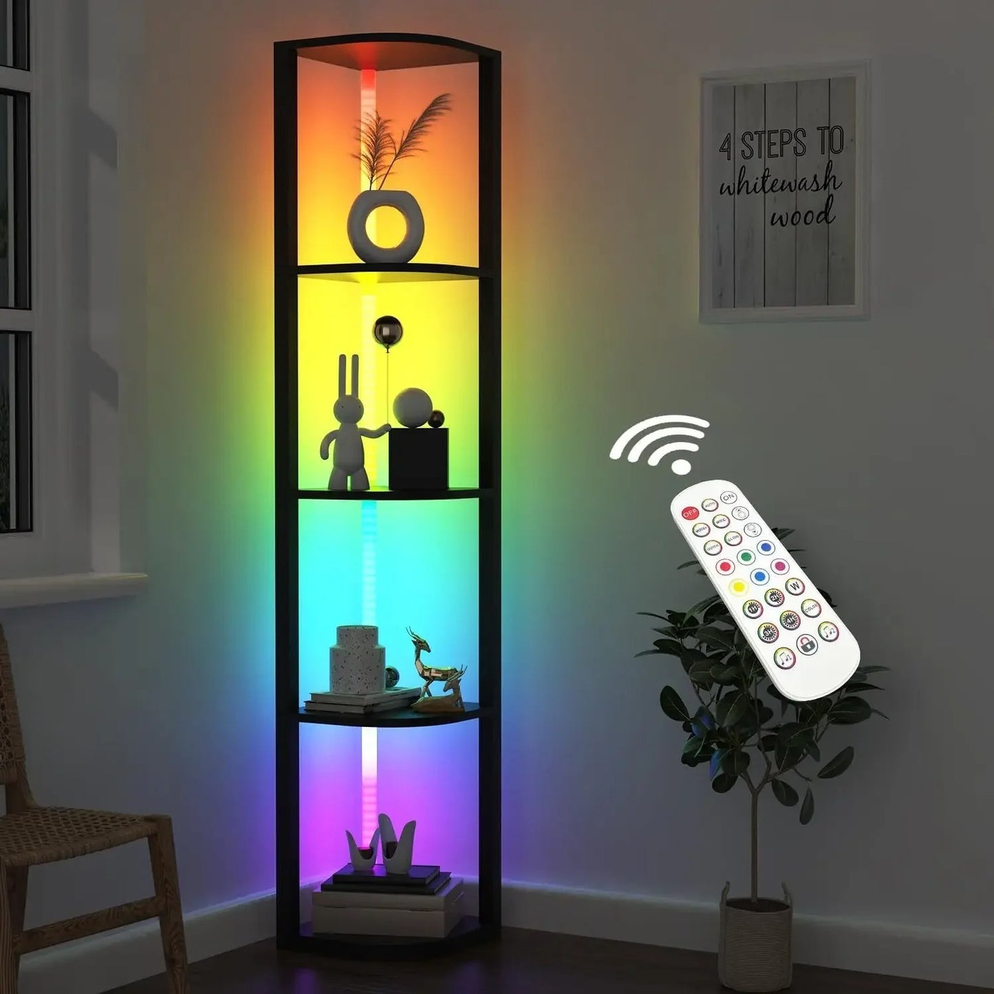 64" Corner Shelf with RGB LED Lights, Modern Tall Bookshelf Display Cabinet Remote Control for Living Room Bedroom