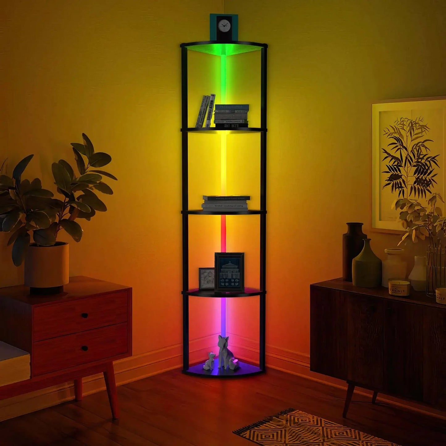 64" Corner Shelf with RGB LED Lights, Modern Tall Bookshelf Display Cabinet Remote Control for Living Room Bedroom