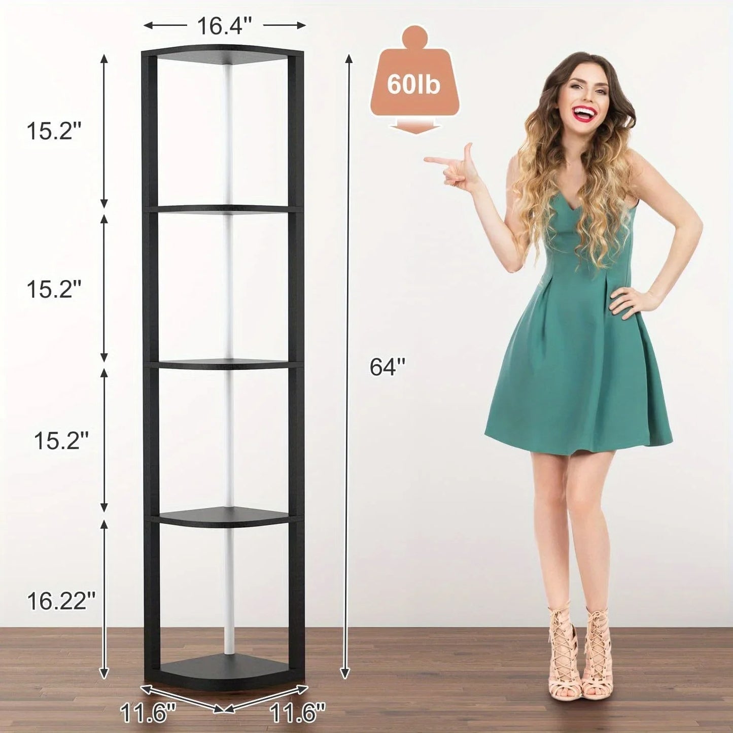 64" Corner Shelf with RGB LED Lights, Modern Tall Bookshelf Display Cabinet Remote Control for Living Room Bedroom