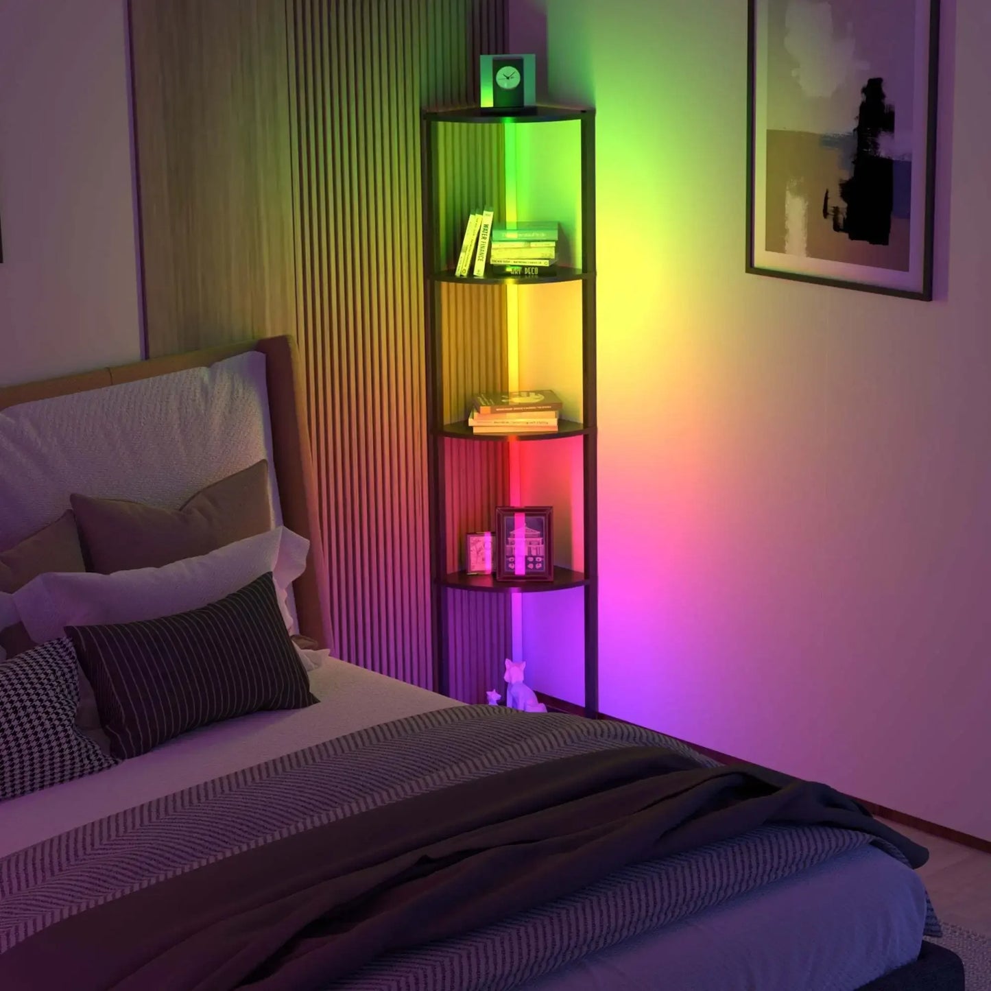 64" Corner Shelf with RGB LED Lights, Modern Tall Bookshelf Display Cabinet Remote Control for Living Room Bedroom