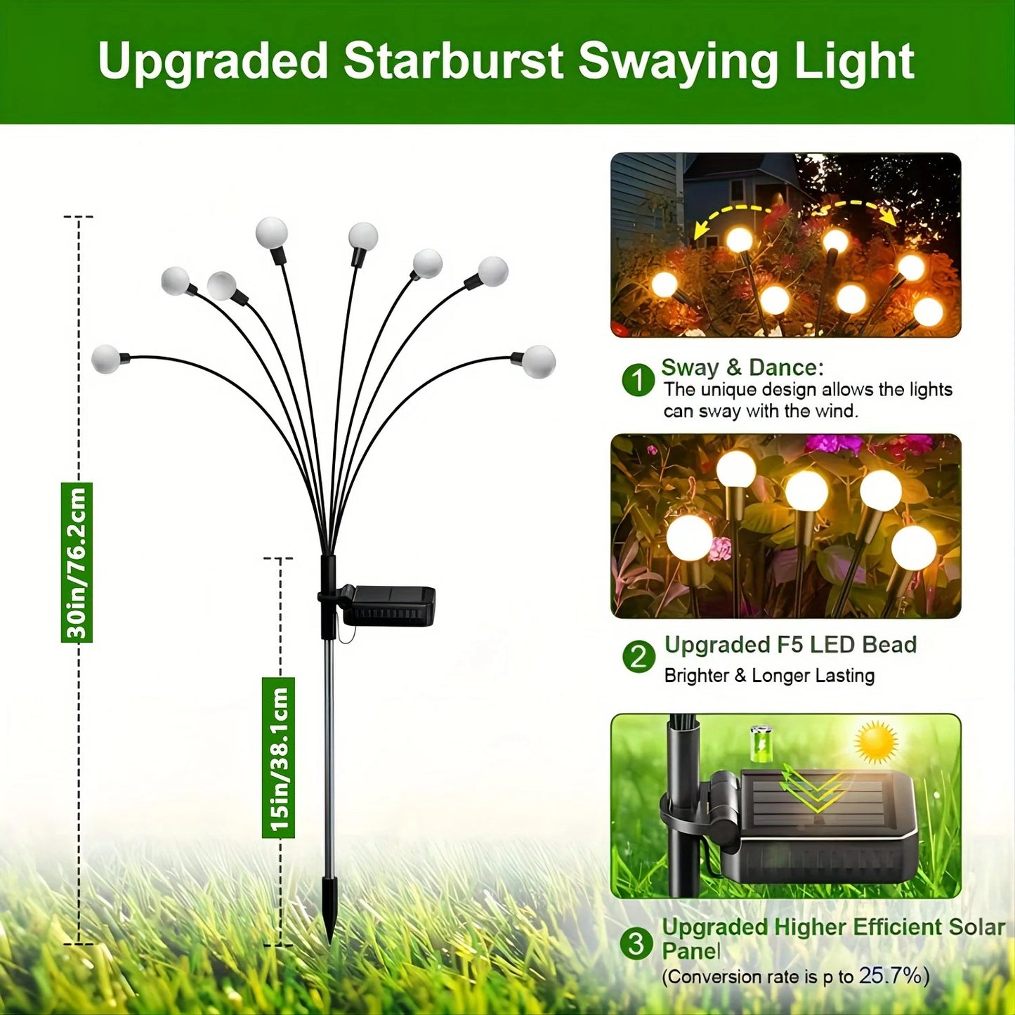 8-LED Solar Firefly Lights Outdoor Waterproof Swaying Garden Decor Warm White