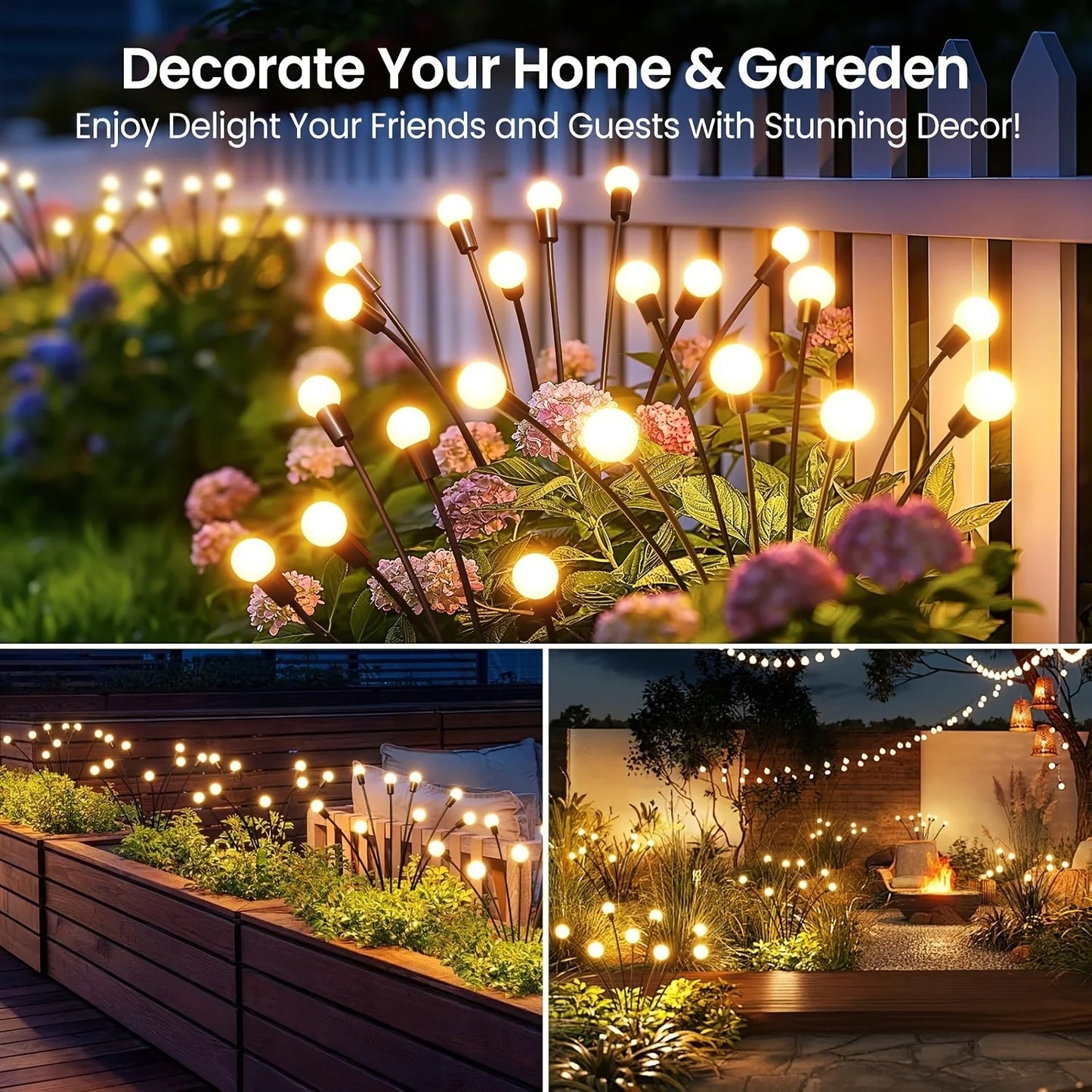 8-LED Solar Firefly Lights Outdoor Waterproof Swaying Garden Decor Warm White