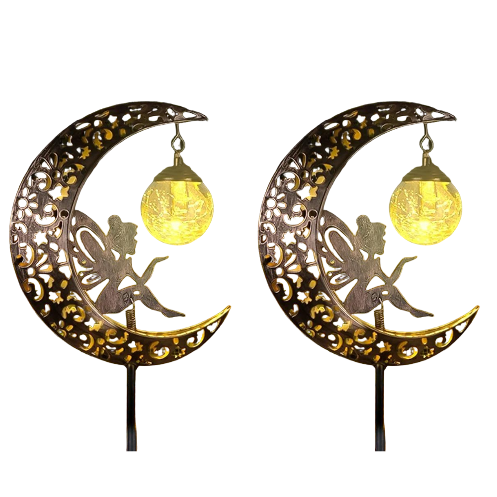 Metal Solar Garden Decorative Lights - Fairy & Moon Sculpture - Outdoor Waterproof LED Stake Lamp