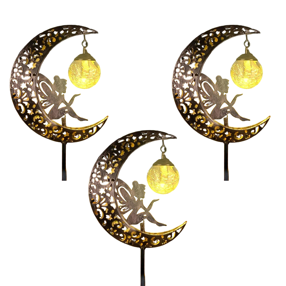 Metal Solar Garden Decorative Lights - Fairy & Moon Sculpture - Outdoor Waterproof LED Stake Lamp