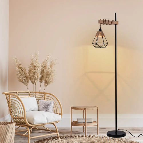 Aesthetic Smart Floor Lamp, Adjustable Height Standing Light with Woven Rattan Lampshade