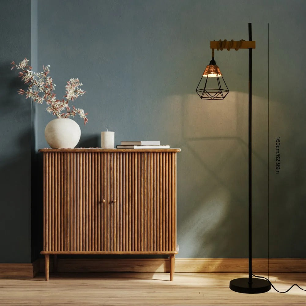 Aesthetic Smart Floor Lamp, Adjustable Height Standing Light with Woven Rattan Lampshade