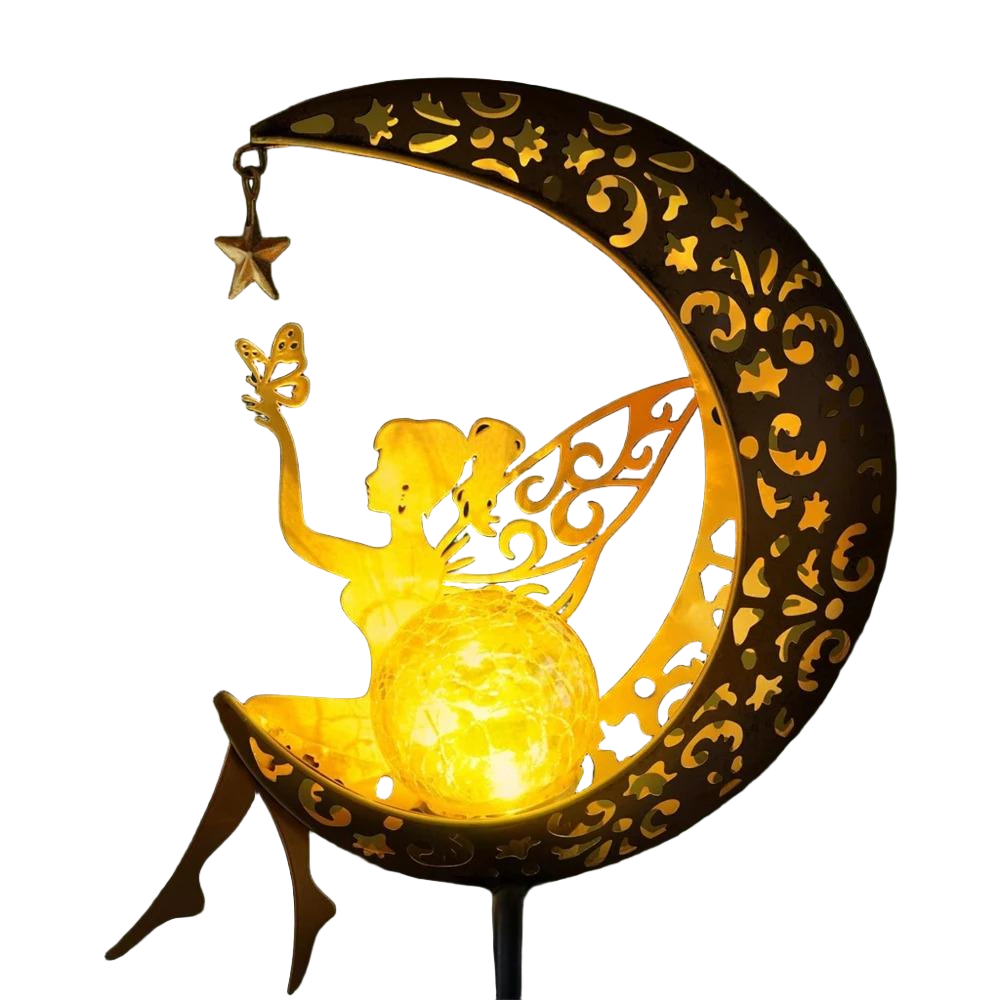 Metal Solar Garden Decorative Lights - Fairy & Moon Sculpture - Outdoor Waterproof LED Stake Lamp