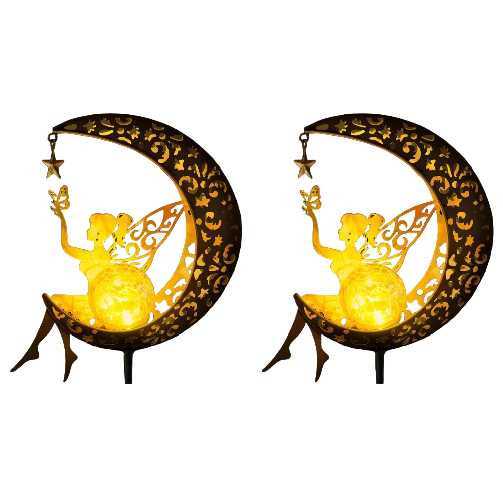 Metal Solar Garden Decorative Lights - Fairy & Moon Sculpture - Outdoor Waterproof LED Stake Lamp