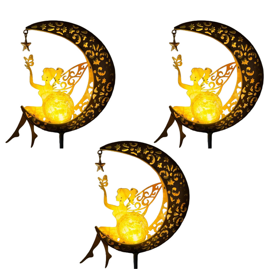 Metal Solar Garden Decorative Lights - Fairy & Moon Sculpture - Outdoor Waterproof LED Stake Lamp
