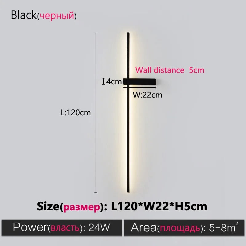 Black Long Strip Wall Lamp - Modern Minimalist LED Wall Light for Bedroom Bedside Decor
