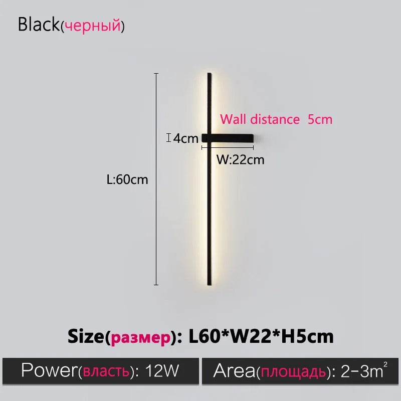 Black Long Strip Wall Lamp - Modern Minimalist LED Wall Light for Bedroom Bedside Decor