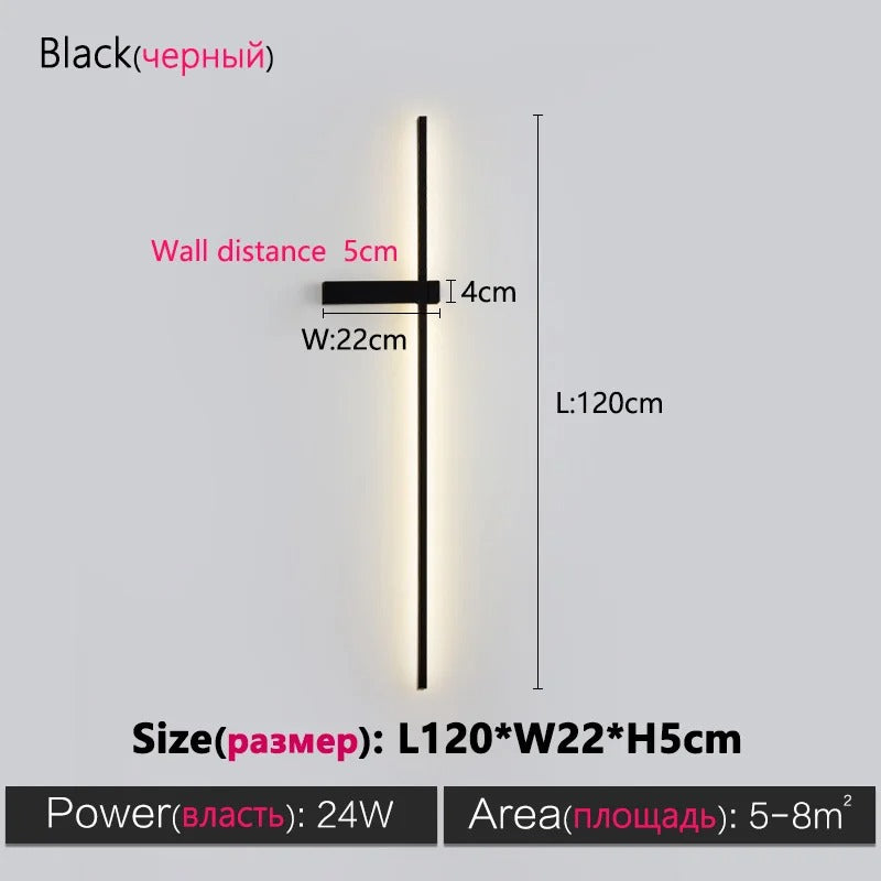 Black Long Strip Wall Lamp - Modern Minimalist LED Wall Light for Bedroom Bedside Decor