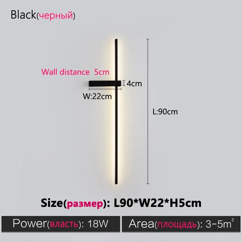 Black Long Strip Wall Lamp - Modern Minimalist LED Wall Light for Bedroom Bedside Decor