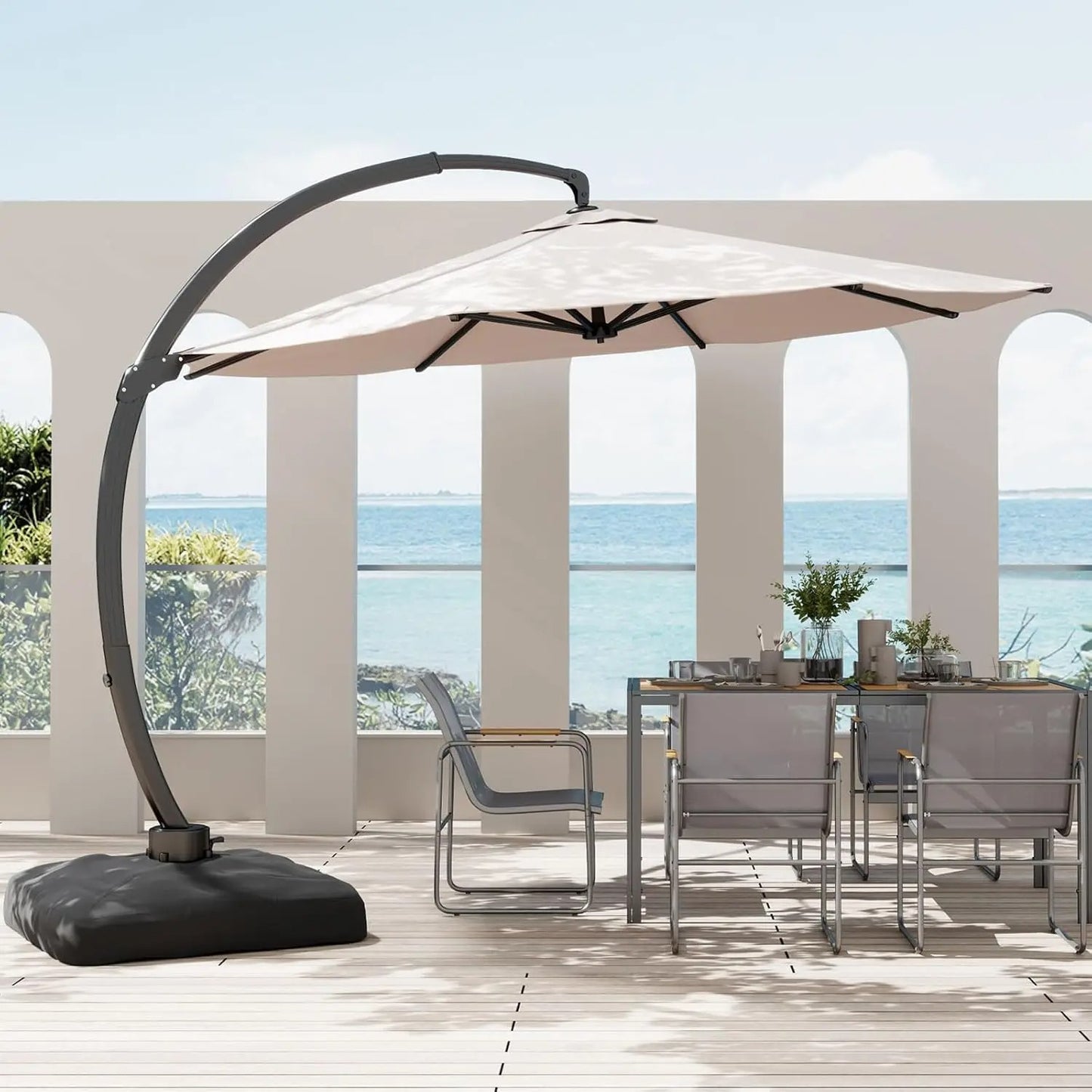 Grandeur Outdoor - 11ft Solar LED Cantilever Patio Umbrella with 360° Rotation
