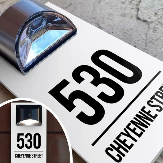 Custom Solar LED House Number Sign - Personalized UV Printed, Illuminated, Waterproof Outdoor Wall Door Sign