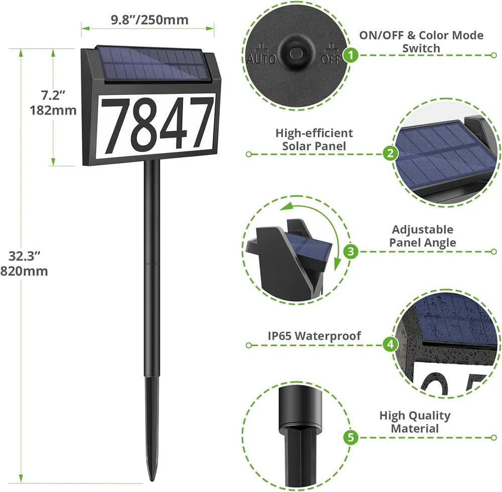 Customizable Solar House Number Sign - Waterproof LED Illuminated for Outdoor Home, Yard, Street