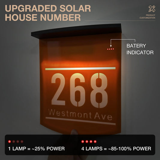 Customized Solar House Number & Street Name Plate - Illuminated Outdoor LED Door Sign