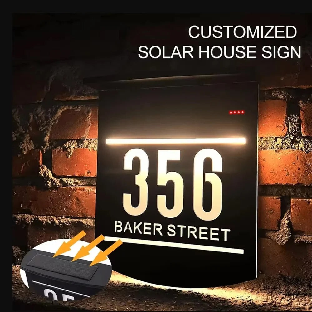 Customized Solar House Number & Street Name Plate - Illuminated Outdoor LED Door Sign