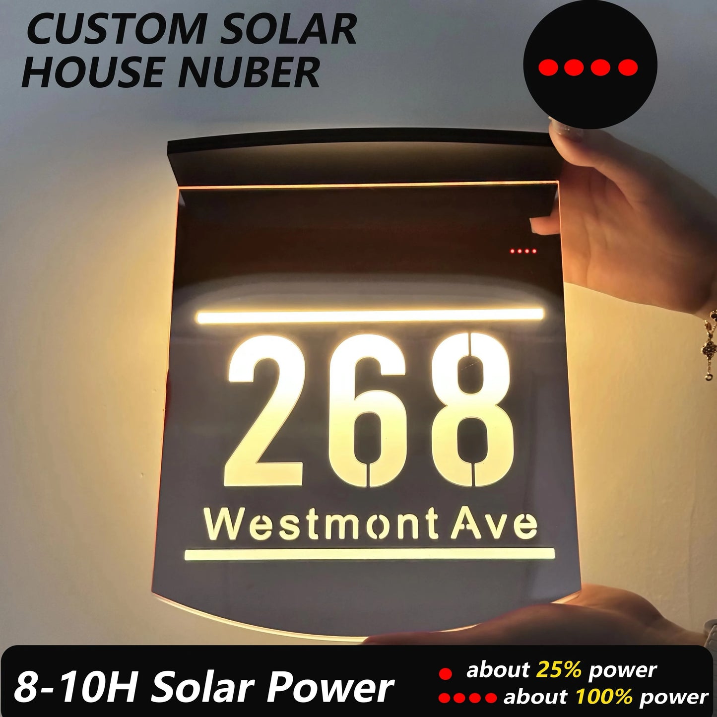 Customized Solar House Number & Street Name Plate - Illuminated Outdoor LED Door Sign