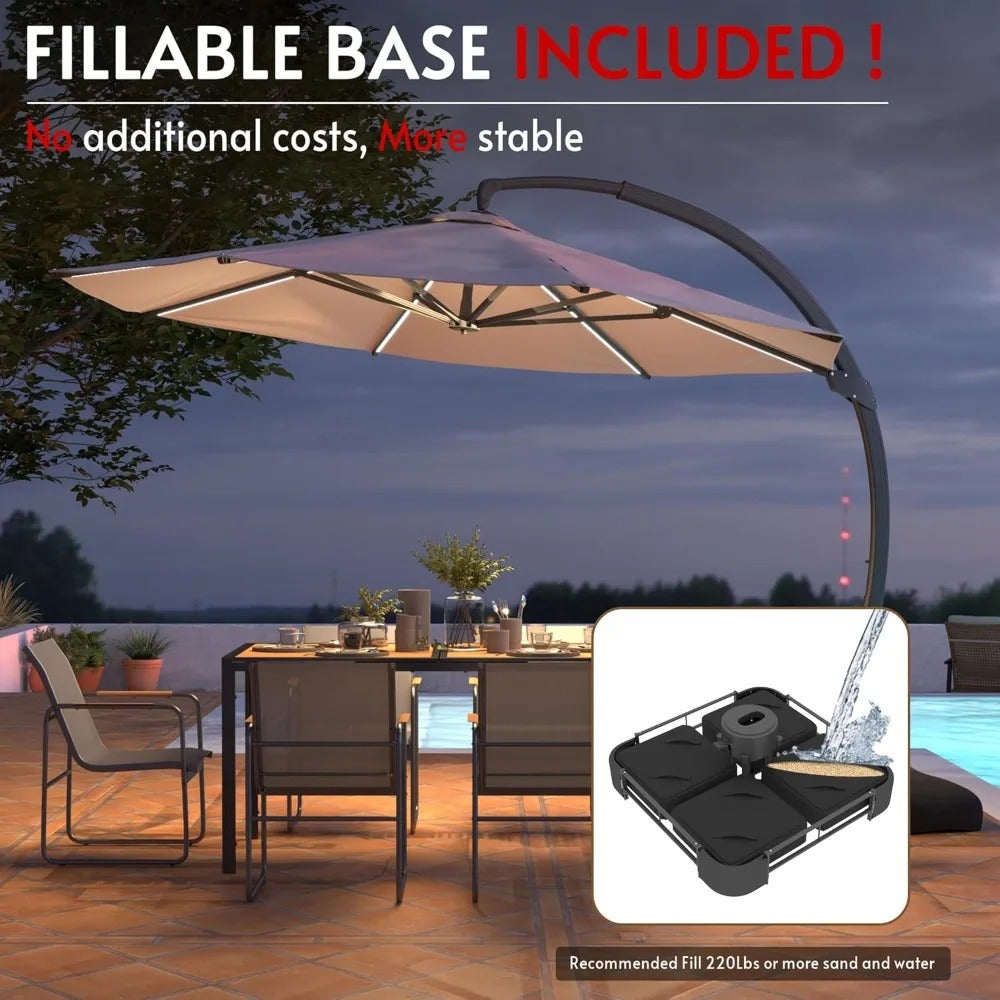 Grandeur Outdoor - 11ft Solar LED Cantilever Patio Umbrella with 360° Rotation