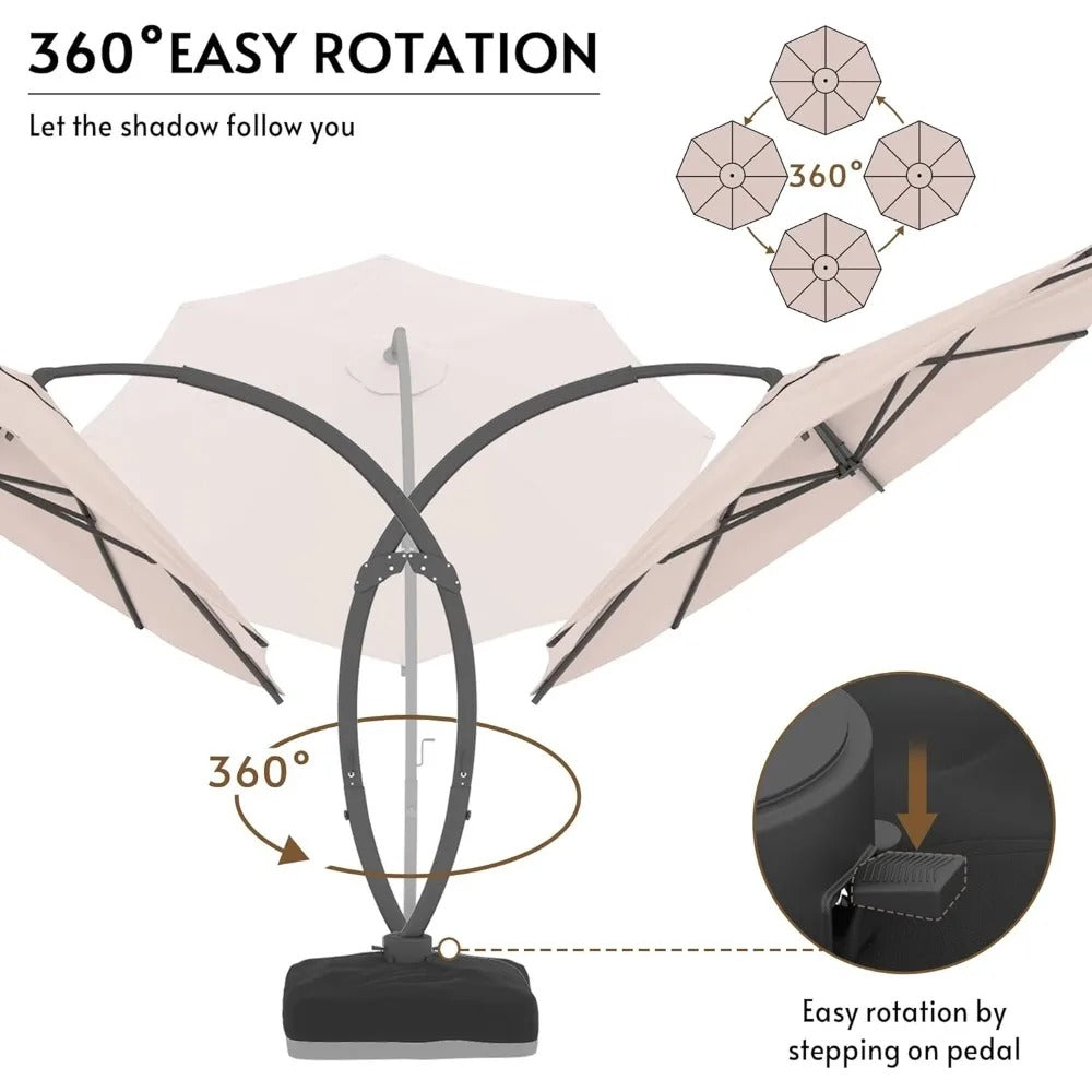 Grandeur Outdoor - 11ft Solar LED Cantilever Patio Umbrella with 360° Rotation