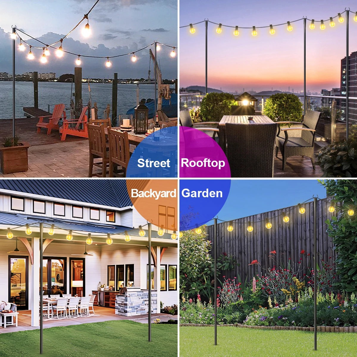Heavy-Duty Adjustable Metal String Light Poles - Outdoor Garden Patio Cafe Bistro Party Hanging Lights