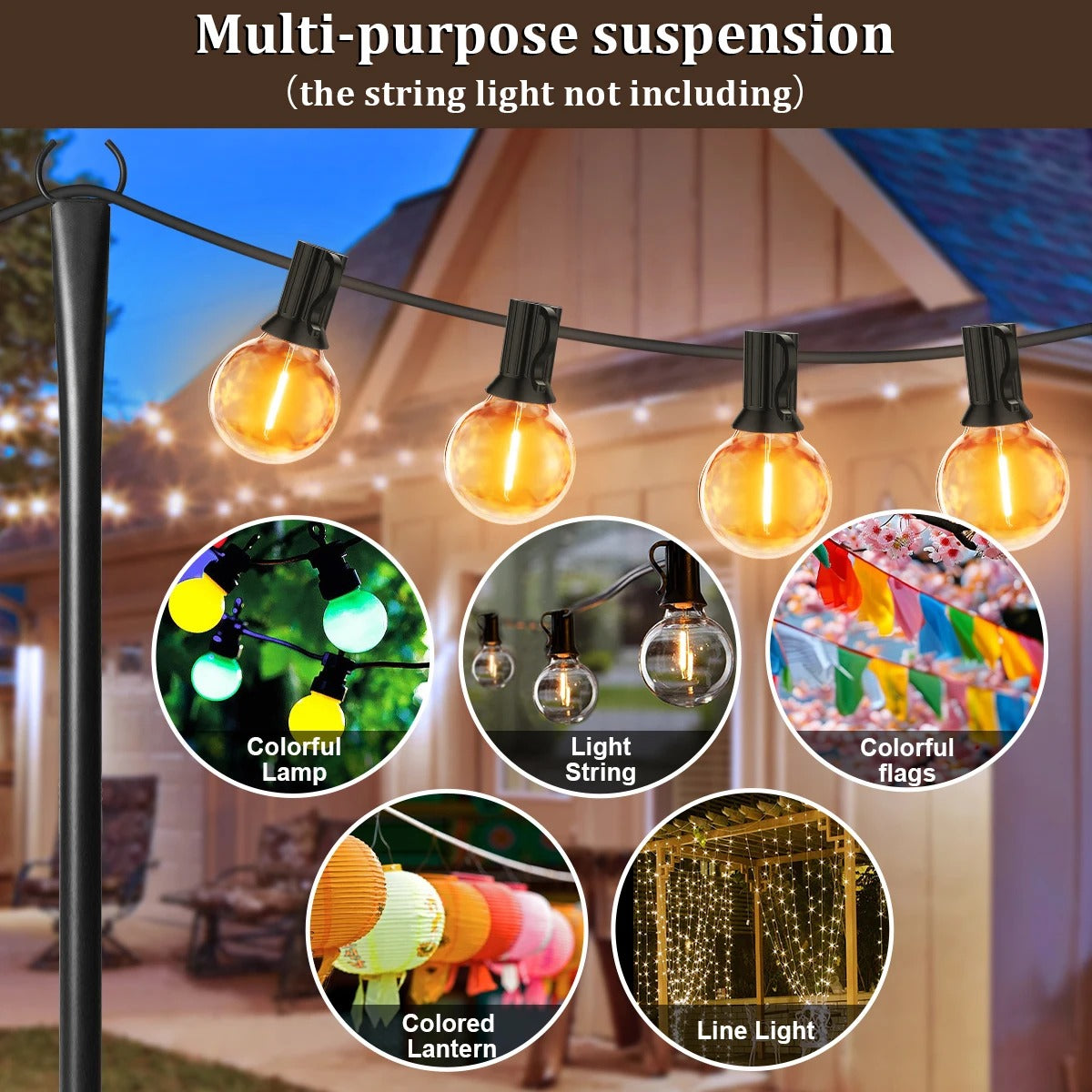 Heavy-Duty Adjustable Metal String Light Poles - Outdoor Garden Patio Cafe Bistro Party Hanging Lights