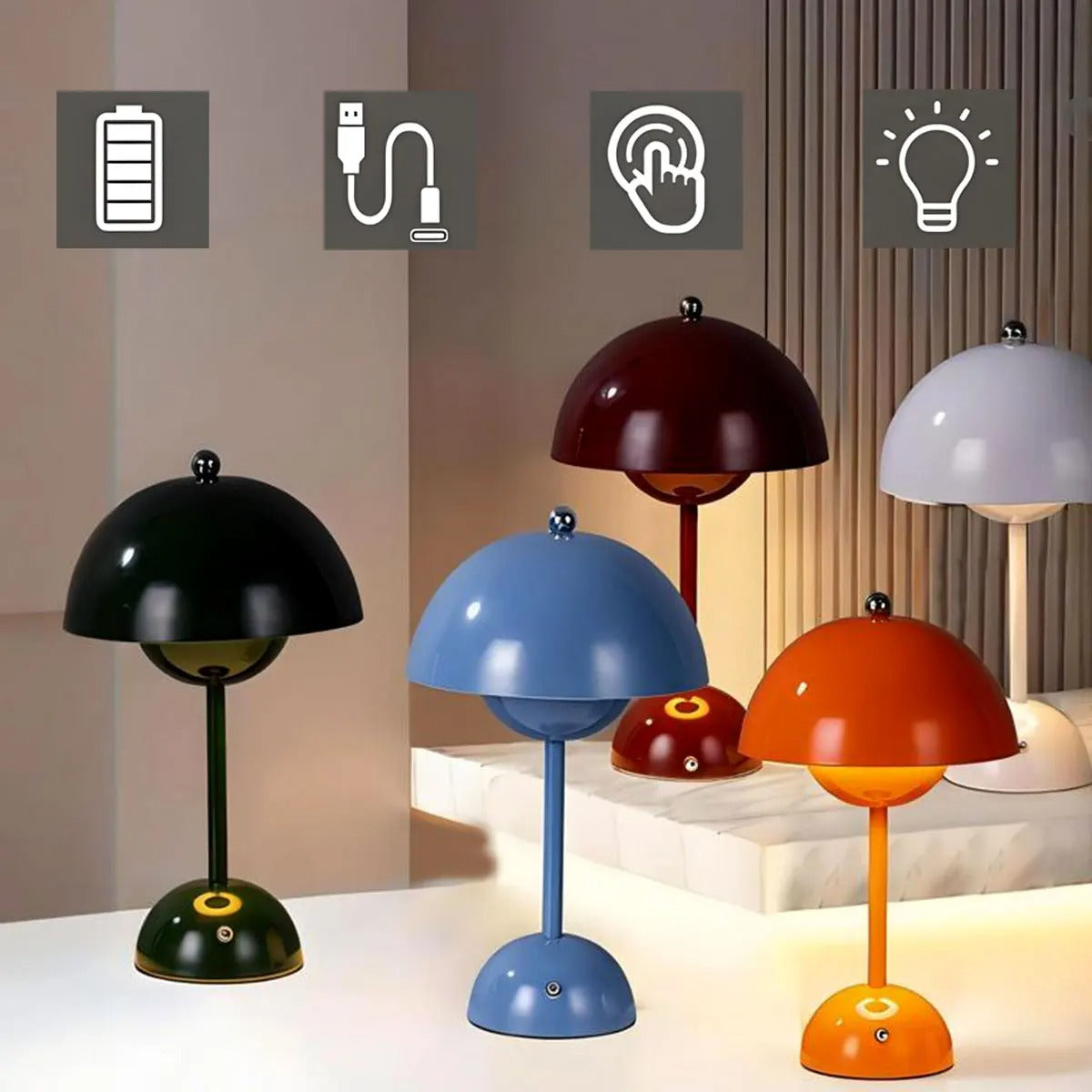Home Decor Hub - Modern Mushroom LED Table Lamps, Rechargeable Touch Night Light