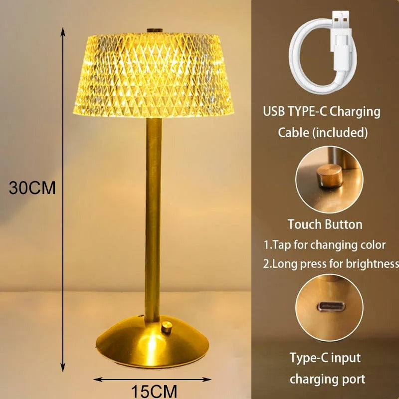 LumiGlow Retro Crystal Table Lamp - Rechargeable & Dimmable
