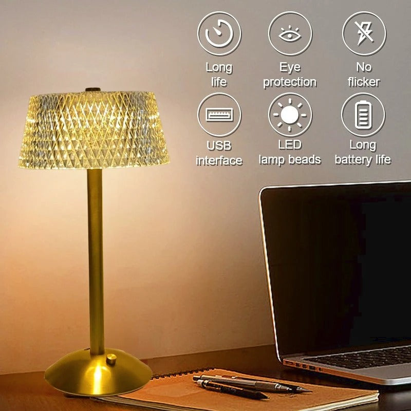 LumiGlow Retro Crystal Table Lamp - Rechargeable & Dimmable