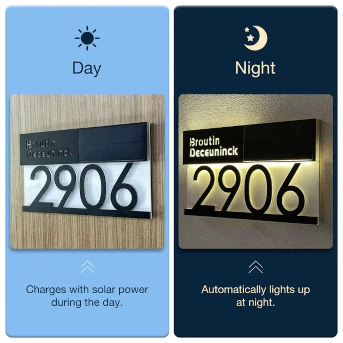 LuxView Solar LED House Number Sign - Automatic Illuminated Address Plaque