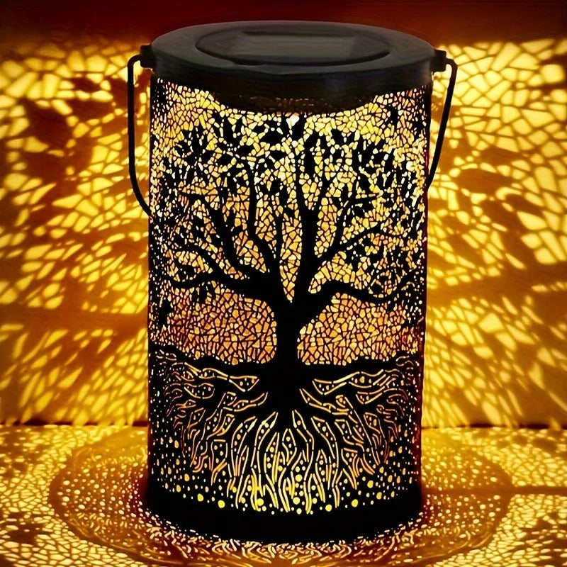 Metal Hanging Solar Lantern Outdoor Decor | Tree of Life Shadow Light | Waterproof LED Garden Patio Lamp