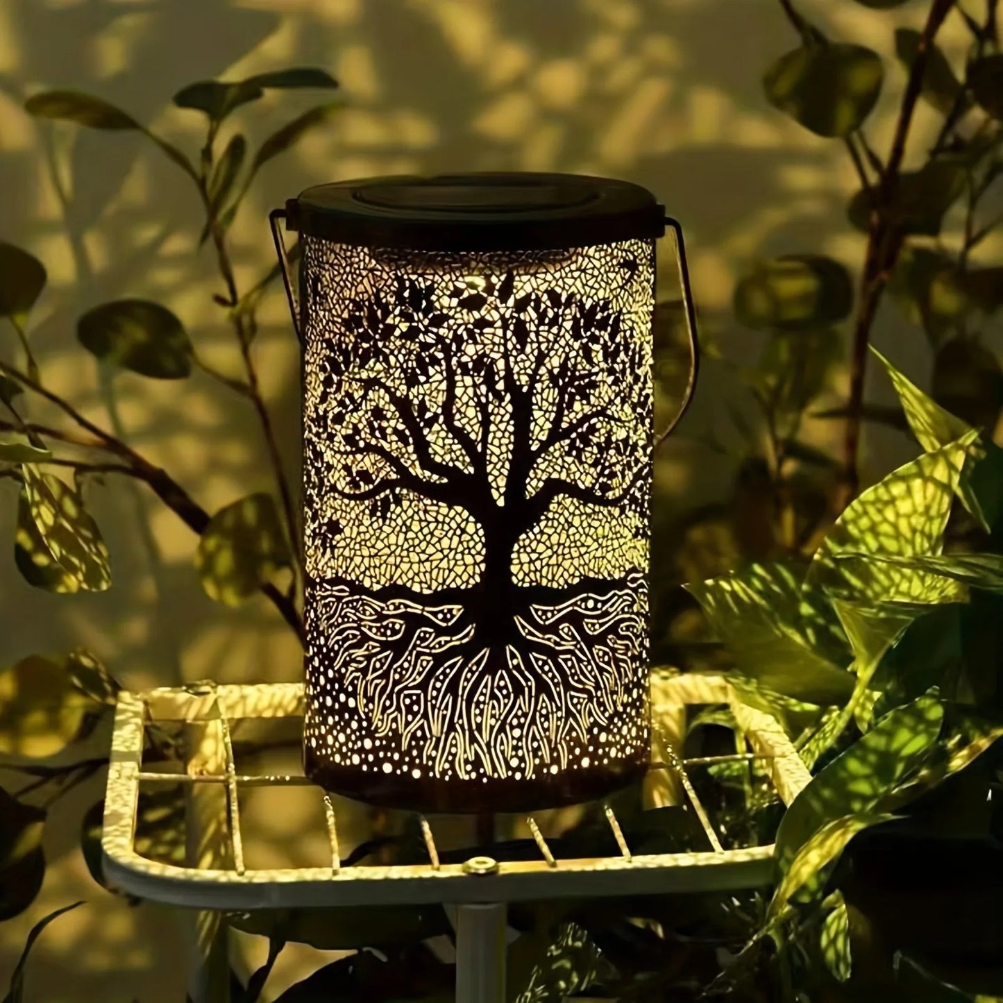 Metal Hanging Solar Lantern Outdoor Decor | Tree of Life Shadow Light | Waterproof LED Garden Patio Lamp