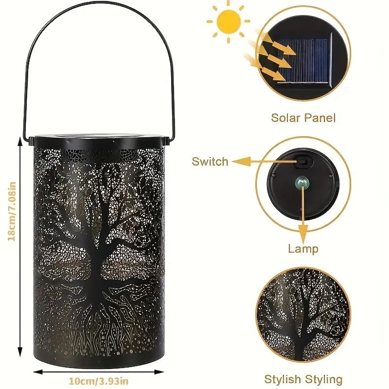 Metal Hanging Solar Lantern Outdoor Decor | Tree of Life Shadow Light | Waterproof LED Garden Patio Lamp