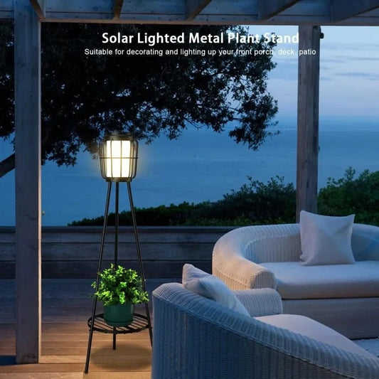 Metal Solar Floor Lamps with Plant Stand - Waterproof Outdoor Lights for Deck & Patio