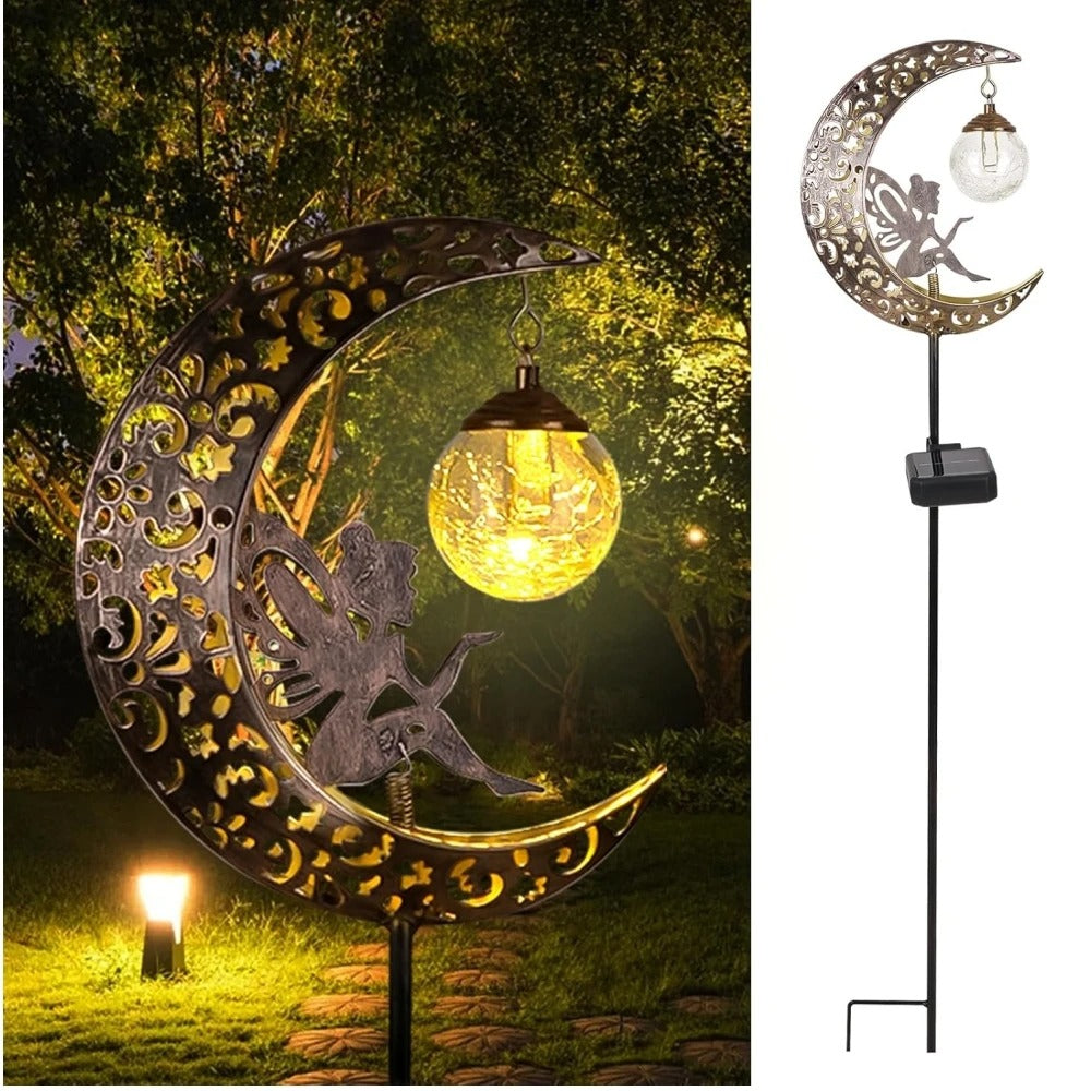 Metal Solar Garden Decorative Lights - Fairy & Moon Sculpture - Outdoor Waterproof LED Stake Lamp