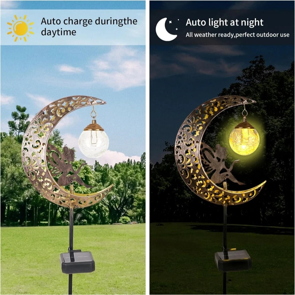 Metal Solar Garden Decorative Lights - Fairy & Moon Sculpture - Outdoor Waterproof LED Stake Lamp