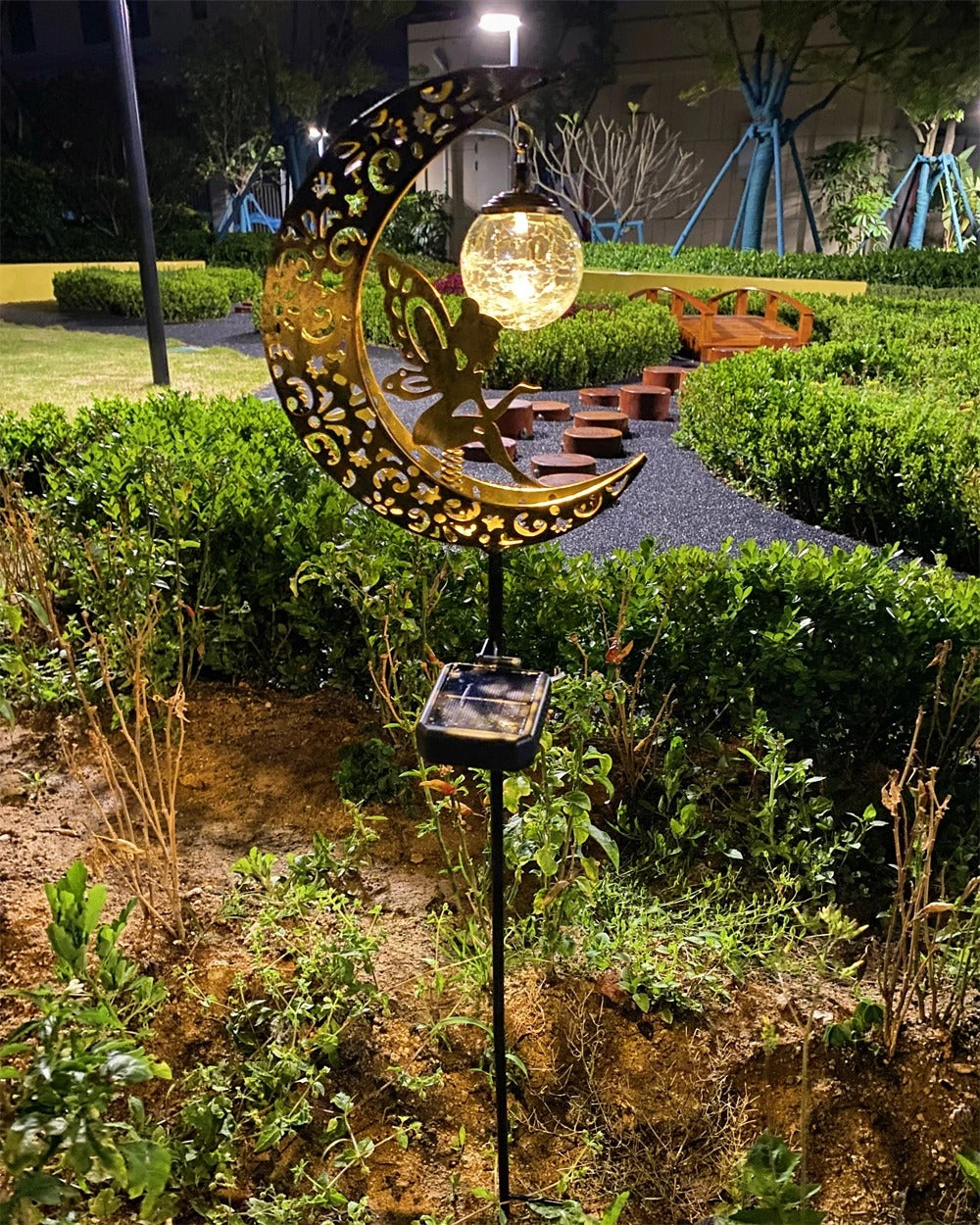 Metal Solar Garden Decorative Lights - Fairy & Moon Sculpture - Outdoor Waterproof LED Stake Lamp