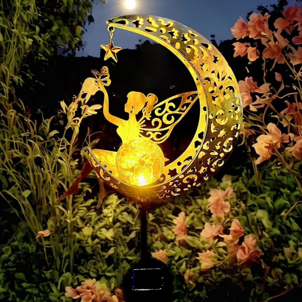 Metal Solar Garden Decorative Lights - Fairy & Moon Sculpture - Outdoor Waterproof LED Stake Lamp